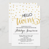 金ゴールドのグリッターのこんにちは双生児のベビーシャワーの招待状 招待状 (正面/裏面)