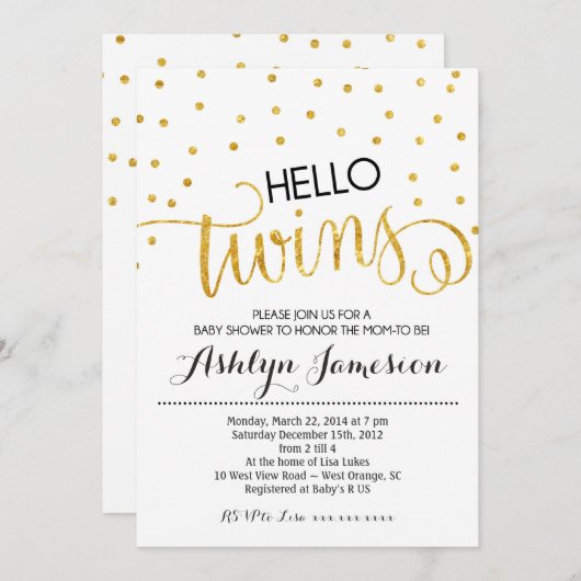 金ゴールドのグリッターのこんにちは双生児のベビーシャワーの招待状 招待状 (正面/裏面)