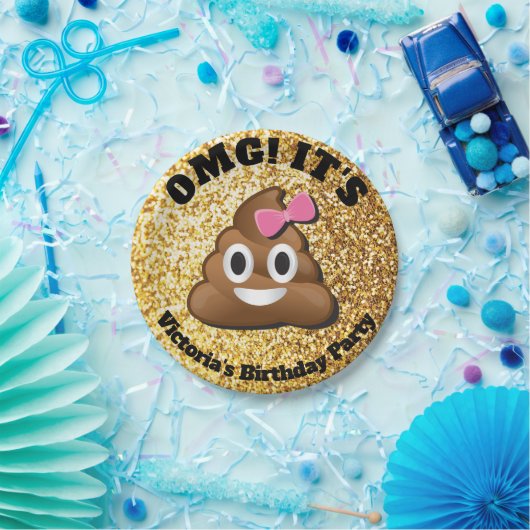 金ゴールドのグリッターのウンチのEmojiの女の子の紙皿 ペーパープレート (パーティー)