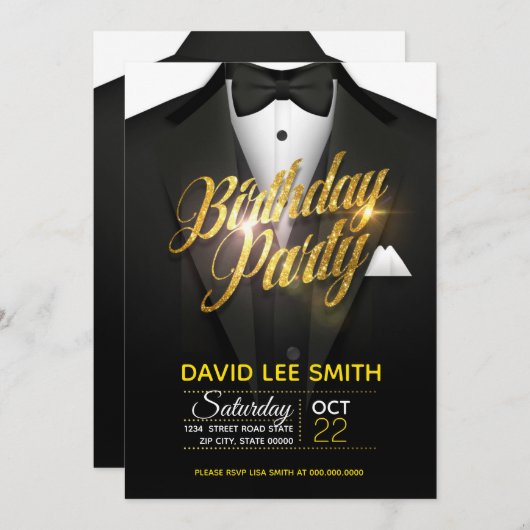 金ゴールドのグリッターのスーツの誕生会 招待状 (正面/裏面)