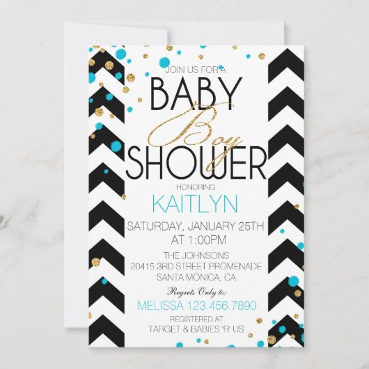 金ゴールドのグリッターのターコイズはベビーシャワーを振りかけます 招待状 (正面)