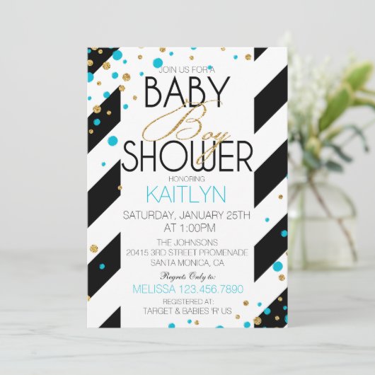 金ゴールドのグリッターのターコイズはベビーシャワーを振りかけます 招待状 (スタンド正面)