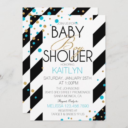 金ゴールドのグリッターのターコイズはベビーシャワーを振りかけます 招待状 (正面/裏面)