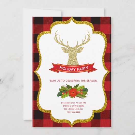 金ゴールドのグリッターのトナカイのクリスマスの休日 招待状 (正面)