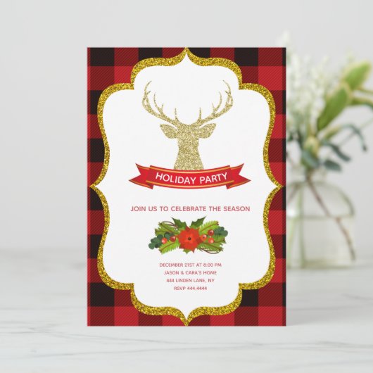 金ゴールドのグリッターのトナカイのクリスマスの休日 招待状 (スタンド正面)