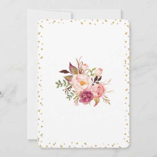 金ゴールドのグリッターのピンクのバラの花のブライダルシャワーの招待 招待状 (裏面)