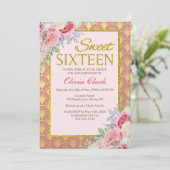金ゴールドのグリッターのピンクの花のSweet sixteenの誕生日 招待状 (スタンド正面)
