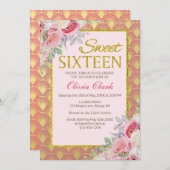 金ゴールドのグリッターのピンクの花のSweet sixteenの誕生日 招待状 (正面/裏面)