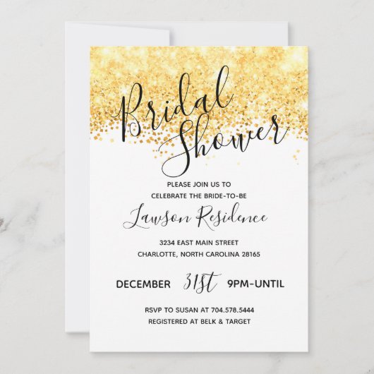 金ゴールドのグリッターのブライダルシャワー 招待状 (正面)