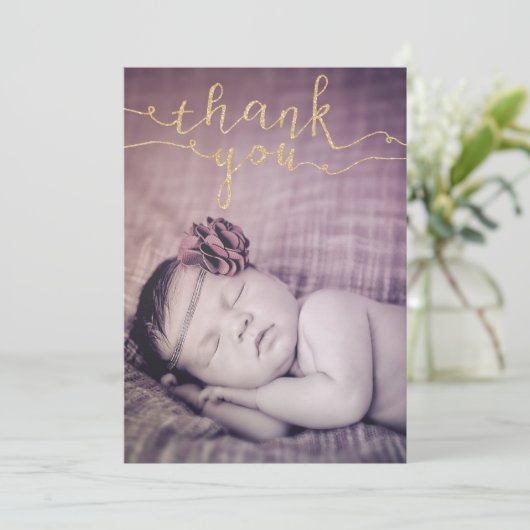 金ゴールドのグリッターのベビーの一口は及び写真の招待感謝していすために見ます サンキューカード (スタンド正面)