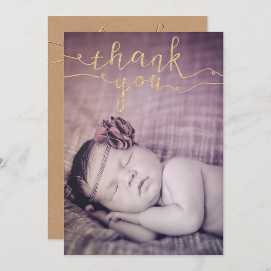 金ゴールドのグリッターのベビーの一口は及び写真の招待感謝していすために見ます サンキューカード (正面/裏面)