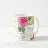 金ゴールドのグリッターのマグを持つ美しい水彩画のバラ コーヒーマグカップ (正面右)