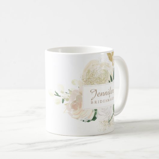 金ゴールドのグリッターのマグを持つ美しい水彩画のバラ コーヒーマグカップ (正面右)