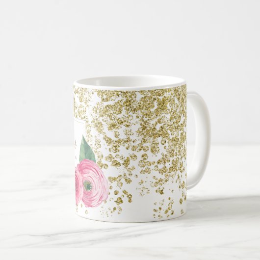 金ゴールドのグリッターのマグを持つ美しい水彩画のバラ コーヒーマグカップ (正面右)