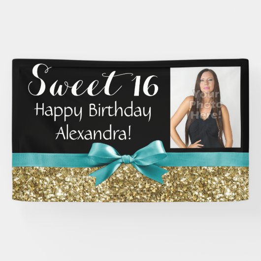 金ゴールドのグリッターの写真の菓子16の誕生会が付いている水 横断幕 (横)