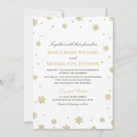 金ゴールドのグリッターの冬の不思議の国の結婚式 招待状 (正面)