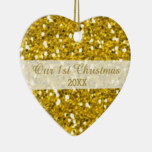 金ゴールドのグリッターの初めてのクリスマスのカップルの写真 セラミックオーナメント (右)
