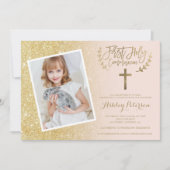 金ゴールドのグリッターの十字のピンクの写真の最初聖餐式 招待状 (正面)