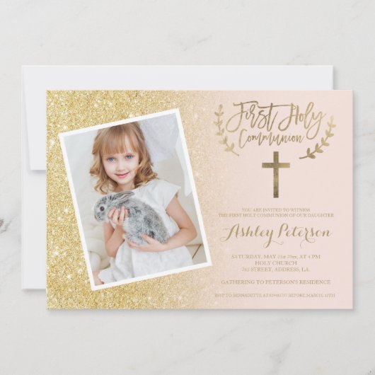 金ゴールドのグリッターの十字のピンクの写真の最初聖餐式 招待状 (正面)