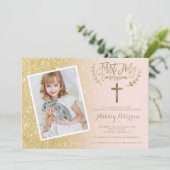 金ゴールドのグリッターの十字のピンクの写真の最初聖餐式 招待状 (スタンド正面)