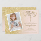 金ゴールドのグリッターの十字のピンクの写真の最初聖餐式 招待状 (正面/裏面)