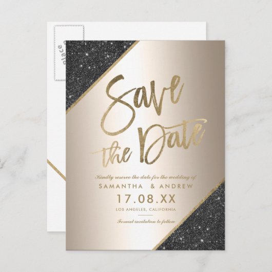 金ゴールドのグリッターの原稿の黒の金属保存日付 案内ポストカード (正面/裏面)