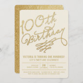 金ゴールドのグリッターの大人の100th誕生会の招待 招待状 (正面/裏面)