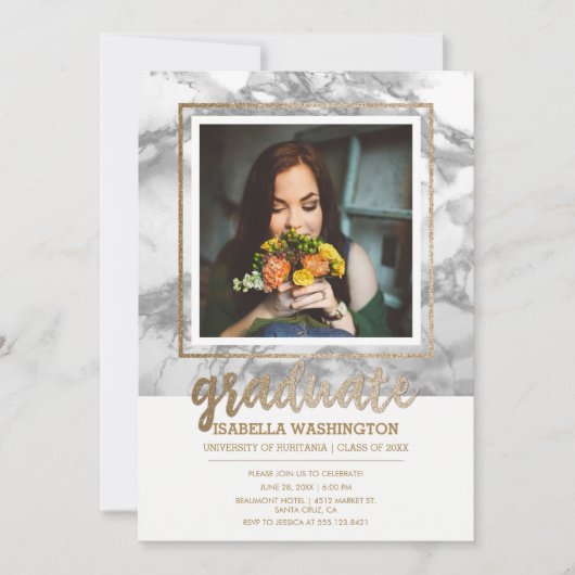 金ゴールドのグリッターの大理石の原稿の写真の卒業パーティー 招待状 (正面)