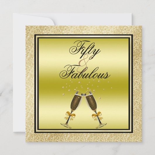 金ゴールドのグリッターの小剣及びシャンペンすばらしい50 招待状 (正面)