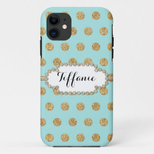 金ゴールドのグリッターの水玉模様の宝石の宝石フレームの写真 iPhone 11 ケース