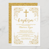 金ゴールドのグリッターの洗礼の《キリスト教》洗礼式や命名式の十字の招待状 招待状 (正面/裏面)