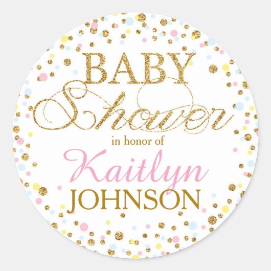 金ゴールドのグリッターの男女兼用なベビーシャワーのラベル ラウンドシール (正面)