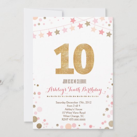 金ゴールドのグリッターの第10誕生日の招待状 招待状 (正面)