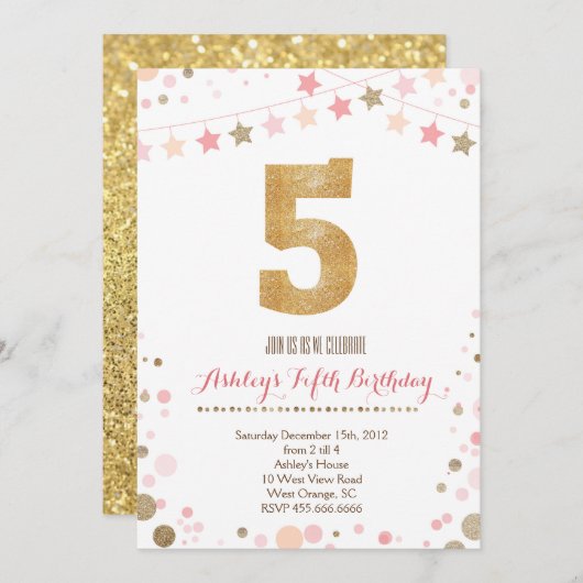 金ゴールドのグリッターの第5誕生日の招待状 招待状 (正面/裏面)