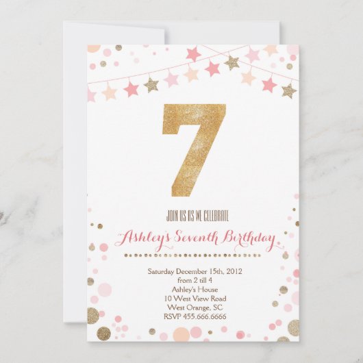 金ゴールドのグリッターの第7誕生日の招待状 招待状 (正面)
