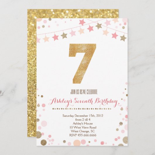 金ゴールドのグリッターの第7誕生日の招待状 招待状 (正面/裏面)