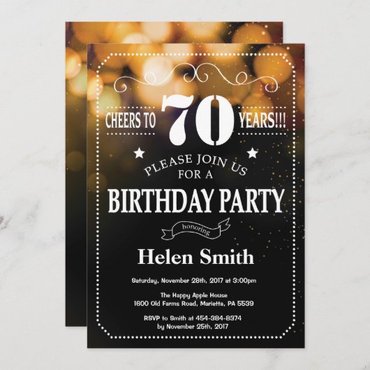 金ゴールドのグリッターの第70誕生日の招待状 招待状 (正面/裏面)