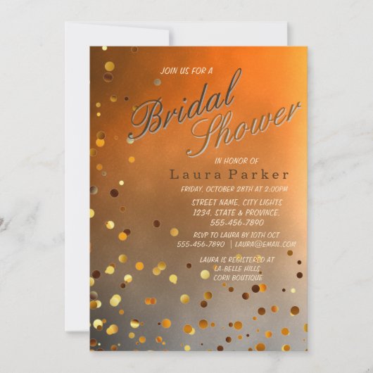 金ゴールドのグリッターの紙吹雪の日没のブライダルシャワーの結婚 招待状 (正面)