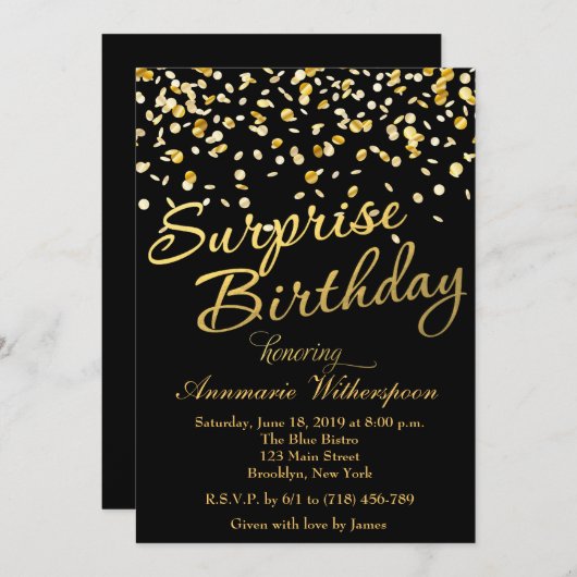 金ゴールドのグリッターの紙吹雪の驚きの誕生日の招待状 招待状 (正面/裏面)
