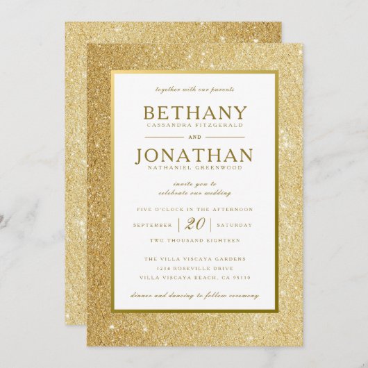 金ゴールドのグリッターの結婚式招待状 招待状 (正面/裏面)