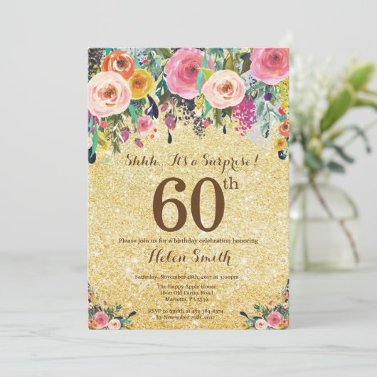 金ゴールドのグリッターの花の驚きの第60誕生日 招待状 (スタンド正面)