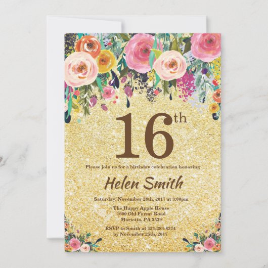 金ゴールドのグリッターの花柄の第16誕生日の招待状 招待状 (正面)