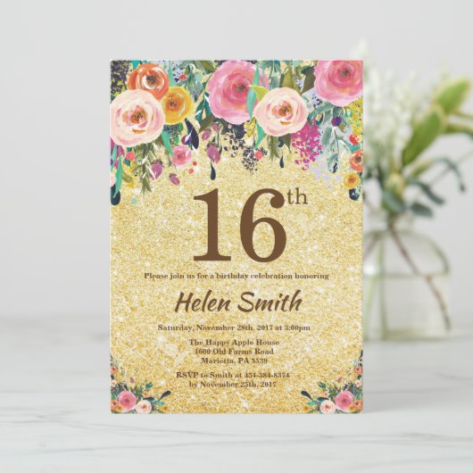 金ゴールドのグリッターの花柄の第16誕生日の招待状 招待状 (スタンド正面)