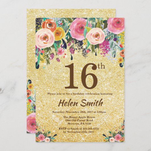 金ゴールドのグリッターの花柄の第16誕生日の招待状 招待状 (正面/裏面)