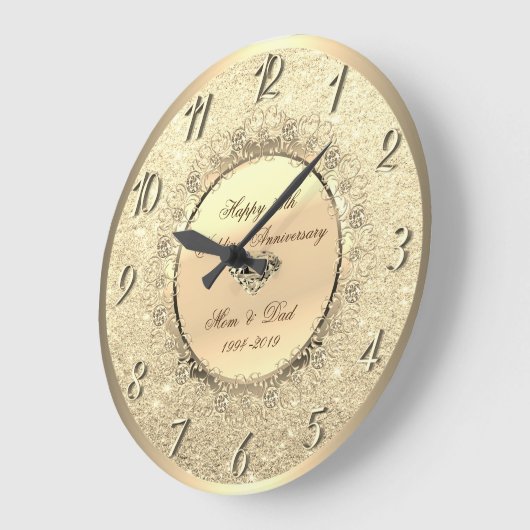 金ゴールドのグリッターの花柄の第25結婚記念日 ラージ壁時計 (傾斜)