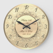 金ゴールドのグリッターの花柄の第25結婚記念日 ラージ壁時計 (正面)