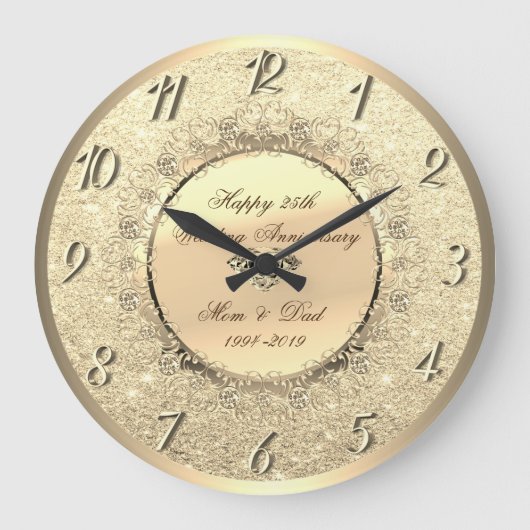金ゴールドのグリッターの花柄の第25結婚記念日 ラージ壁時計 (正面)