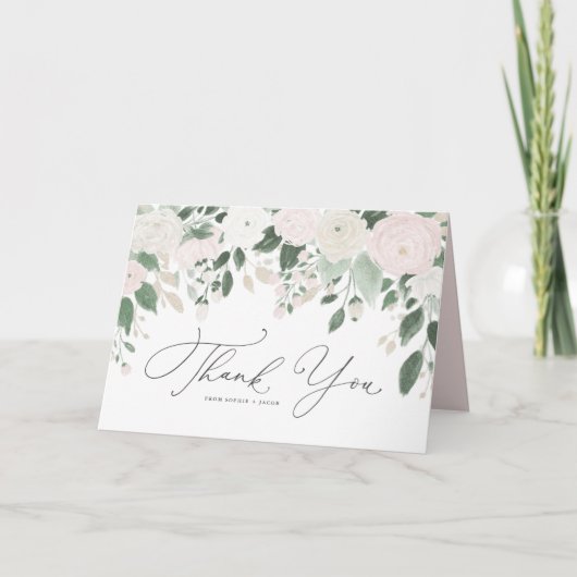 金ゴールドのグリッターの葉が付いている水彩画のパステル調の花 サンキューカード (正面)