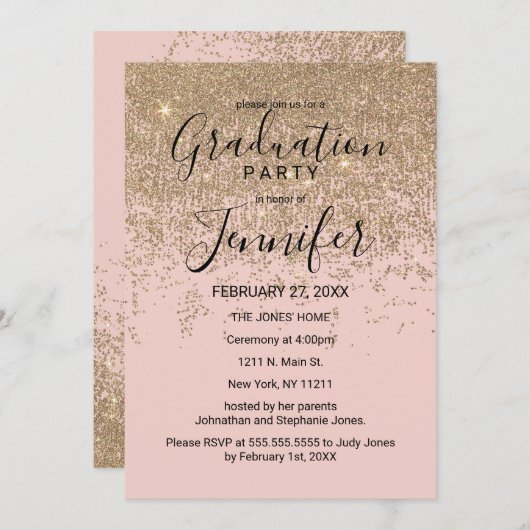 金ゴールドのグリッターの輝きの赤面のピンクの卒業パーティー 招待状 (正面/裏面)