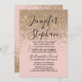金ゴールドのグリッターの輝きの赤面のピンクの結婚式 招待状 (正面/裏面)